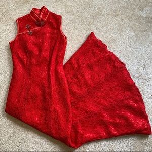 Red Lace Floor-length Qipao